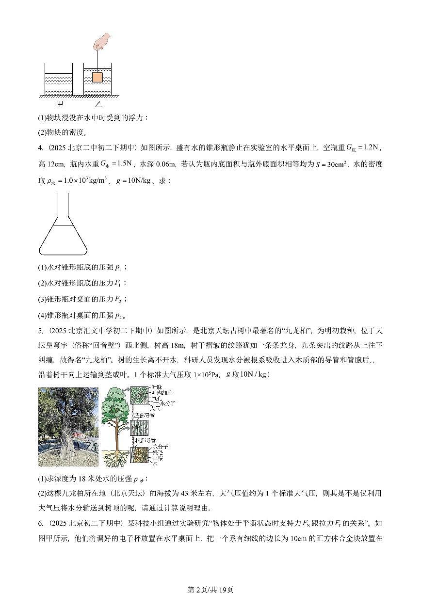 2025北京重点校初二（下）期中物理汇编(试题)：压强与浮力章节综合（北师大2022版）（计算题） 有答案解析第2页