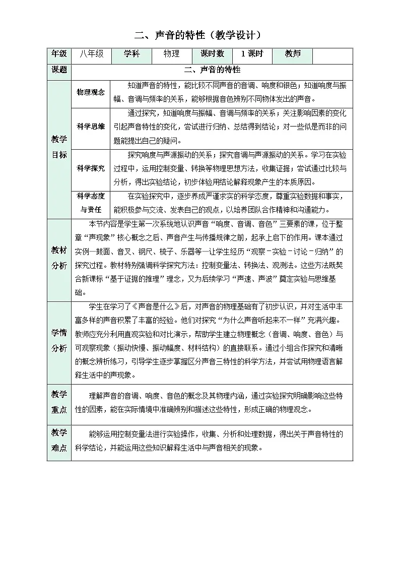 二、声音的特性（教学设计）物理苏科版2024八年级上册-A4第1页