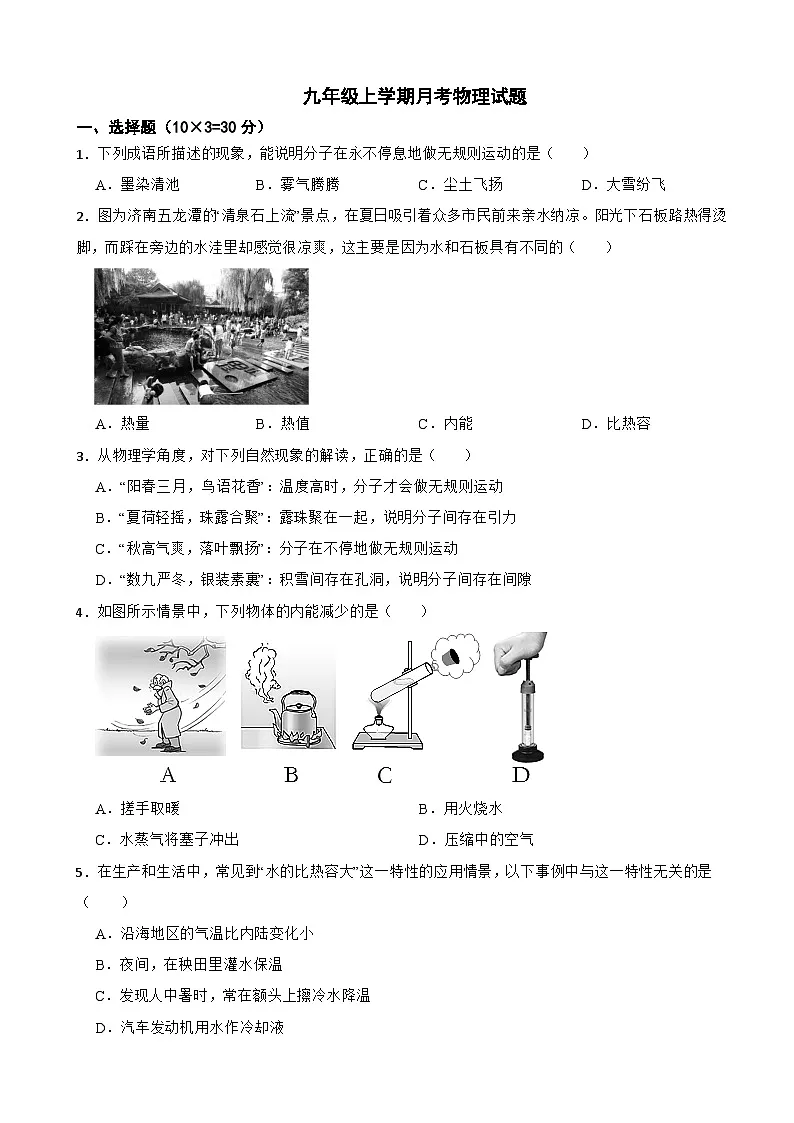 广东省清远市2025年九年级上学期月考物理试题附答案第1页
