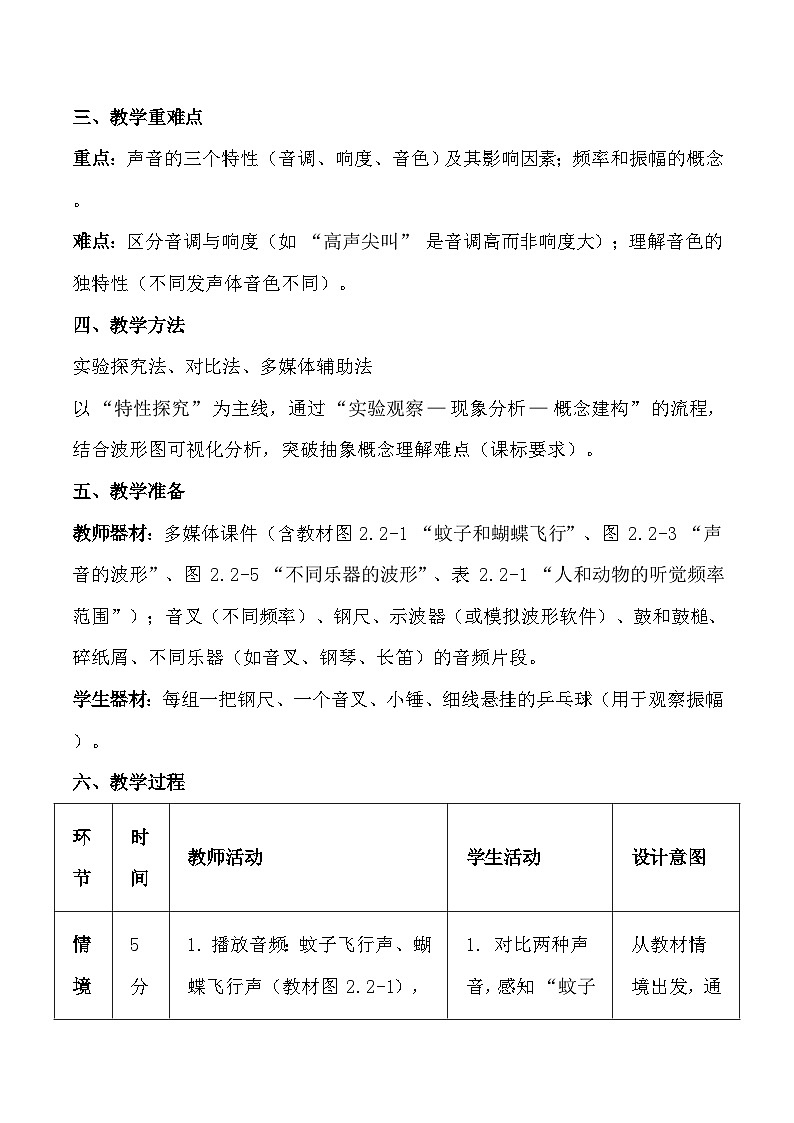 人教版（2024）八年级上册物理第二章第 2 节《声音的特性》教案【表格式】第2页