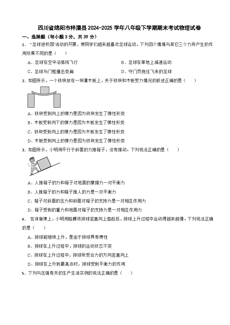 四川省绵阳市梓潼县2024-2025学年八年级下学期期末考试物理试卷第1页