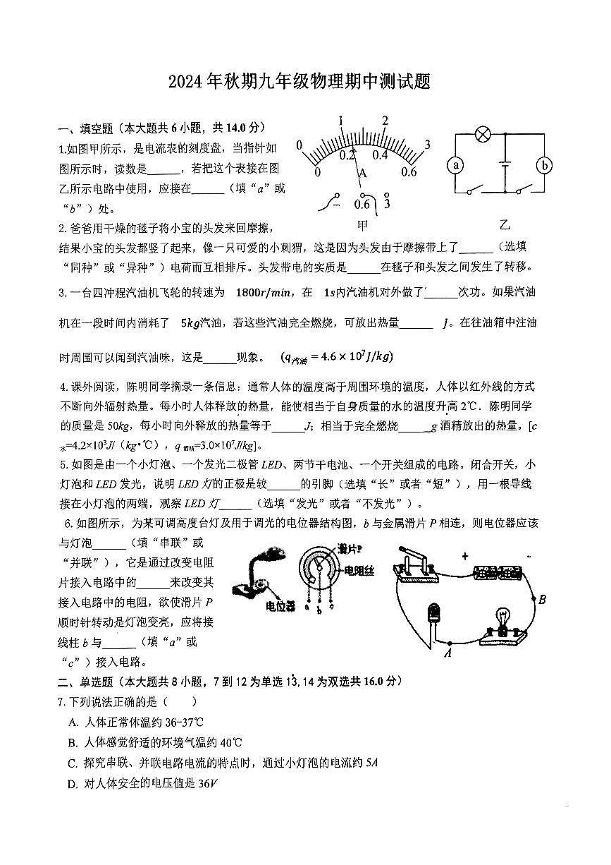 河南省驻马店市驿城区2024-2025学年九年级上学期11月期中物理试题第1页
