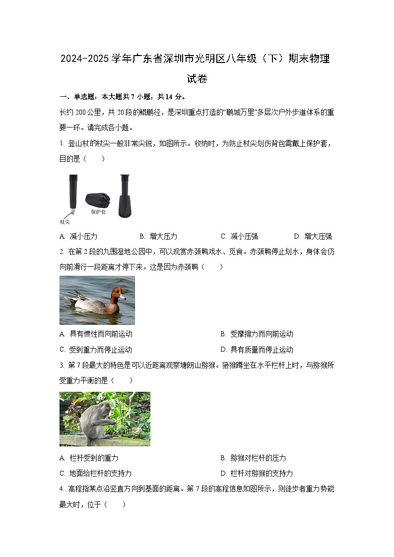 广东省深圳市光明区2024-2025学年八年级下学期期末物理试卷（学生版）第1页