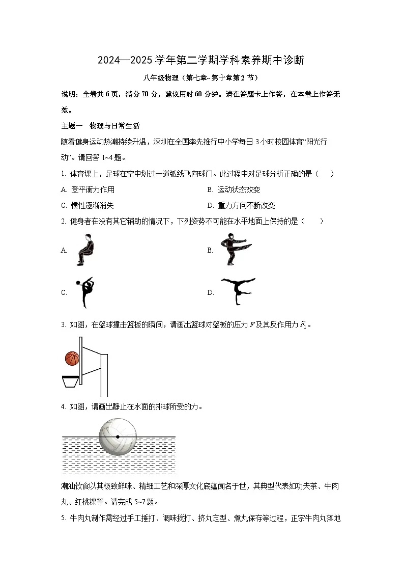 广东省深圳市龙岗区2024-2025学年八年级下学期学科素养期中诊断物理试卷（学生版）第1页