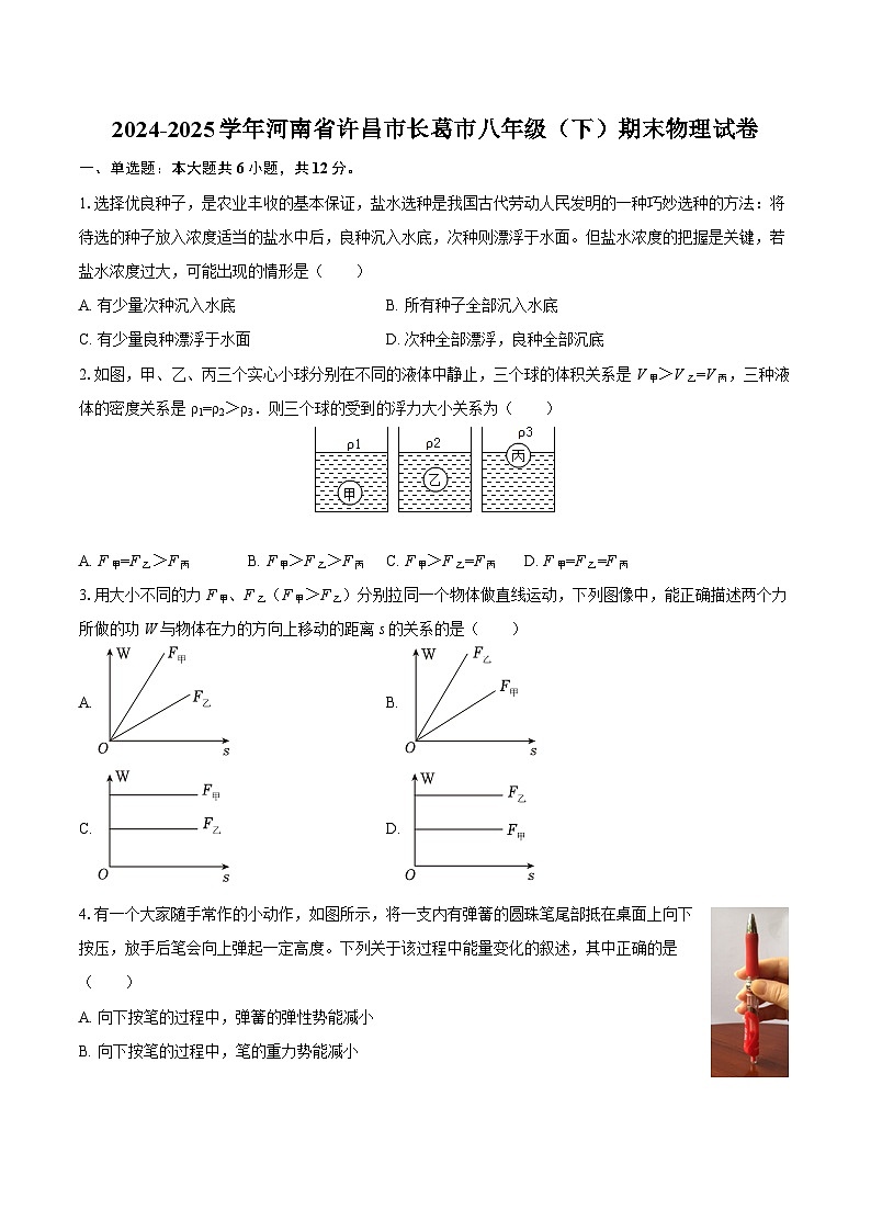 2024-2025学年河南省许昌市长葛市八年级（下）期末物理试卷-自定义类型第1页