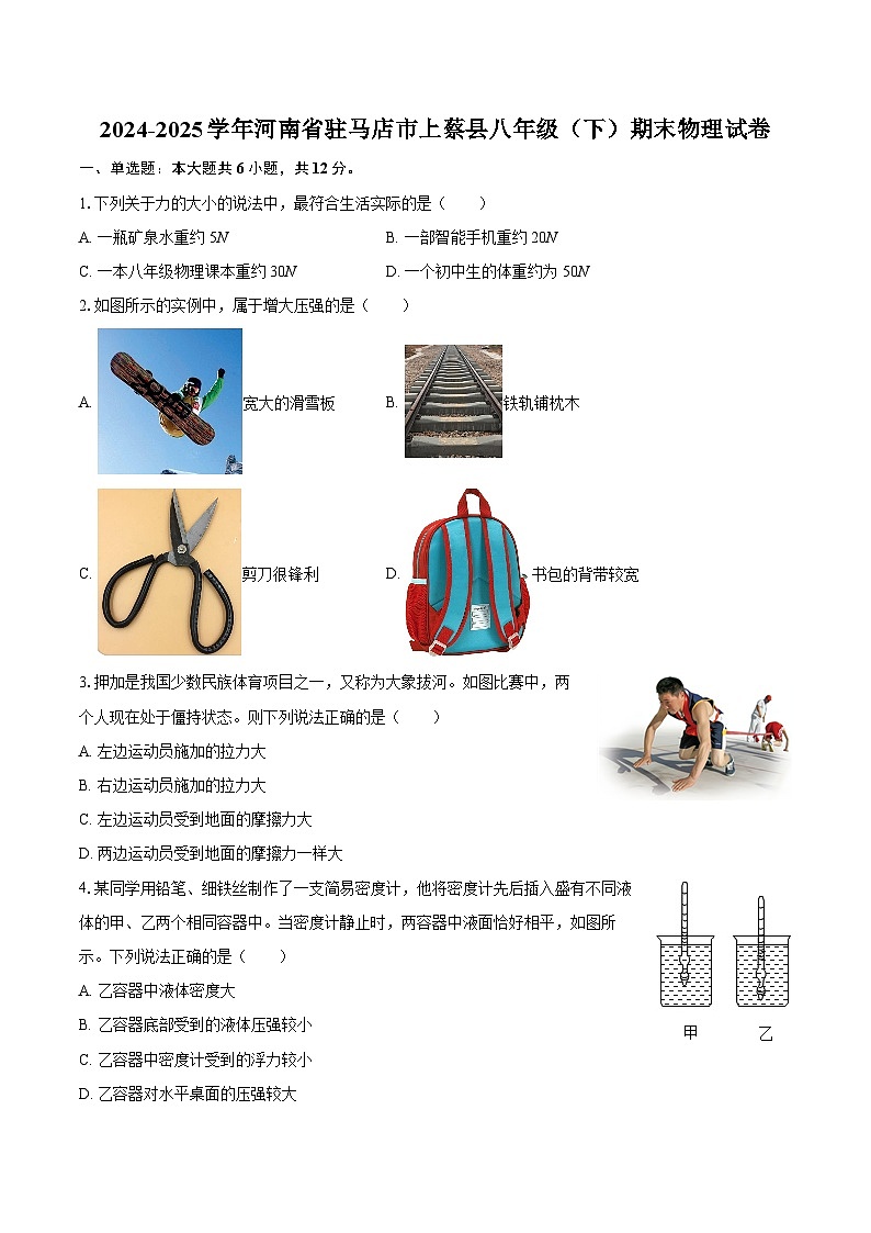 2024-2025学年河南省驻马店市上蔡县八年级（下）期末物理试卷-自定义类型第1页