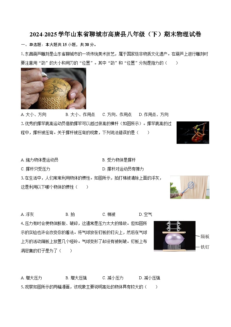 2024-2025学年山东省聊城市高唐县八年级（下）期末物理试卷-自定义类型第1页