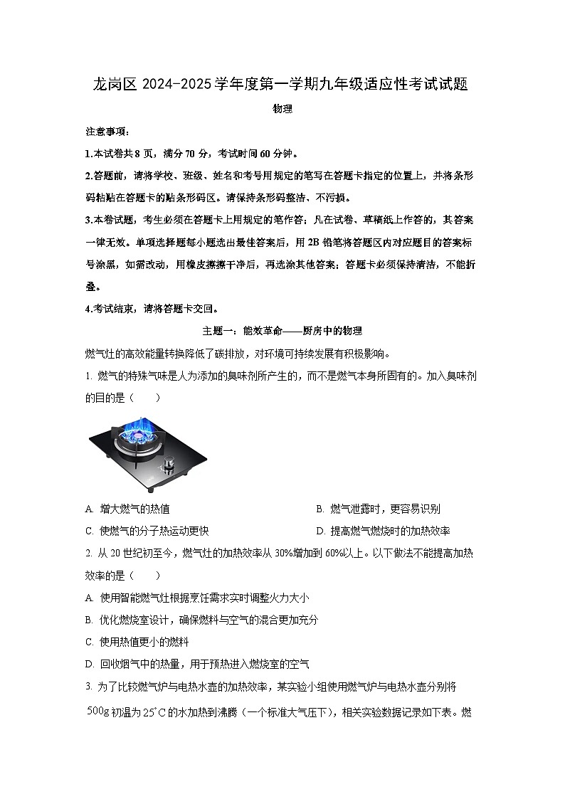 广东省深圳市龙岗区2024-2025学年九年级上学期期末考试物理试卷（学生版）第1页
