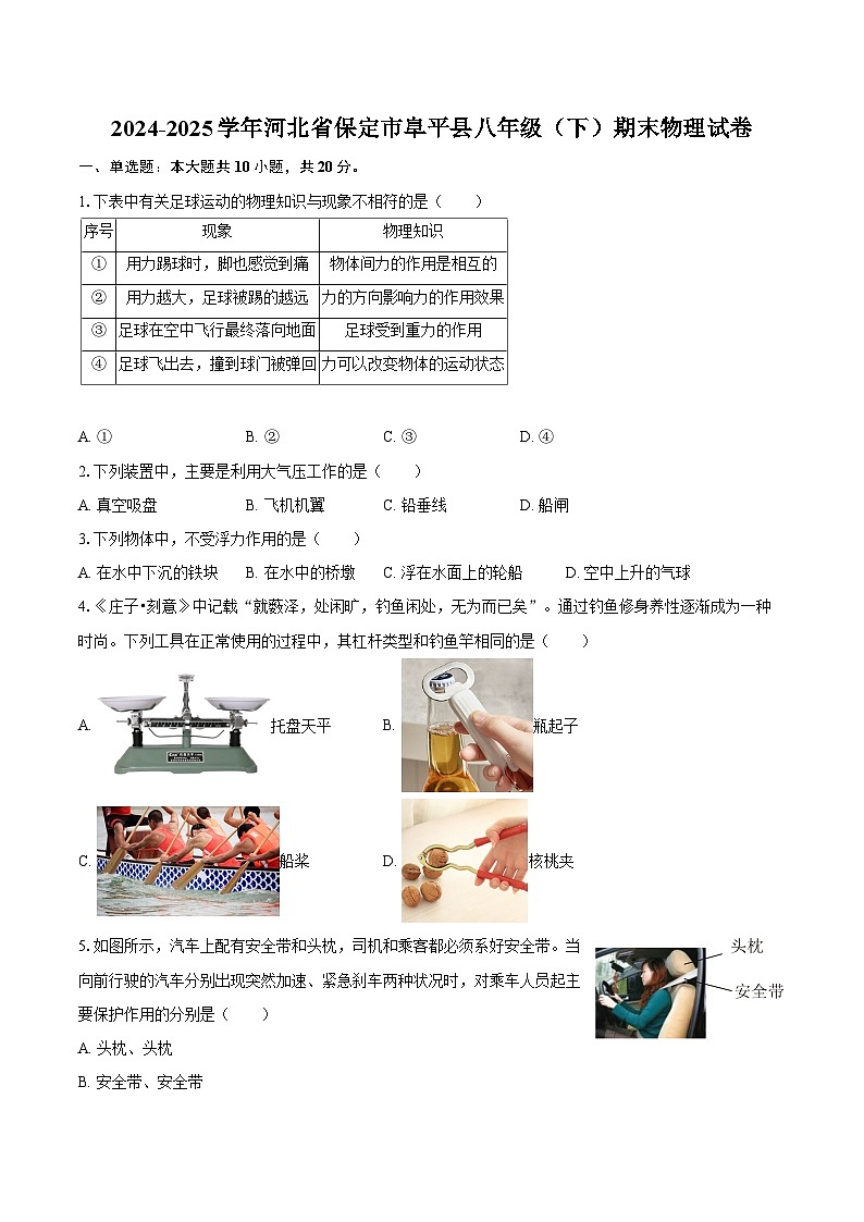 2024-2025学年河北省保定市阜平县八年级（下）期末物理试卷-自定义类型第1页