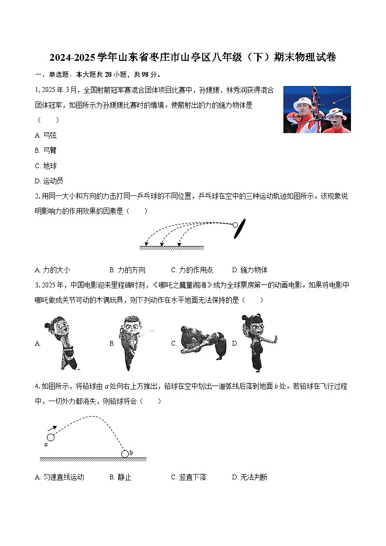 2024-2025学年山东省枣庄市山亭区八年级（下）期末物理试卷-自定义类型第1页
