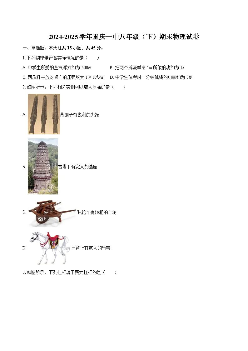 2024-2025学年重庆一中八年级（下）期末物理试卷-自定义类型第1页