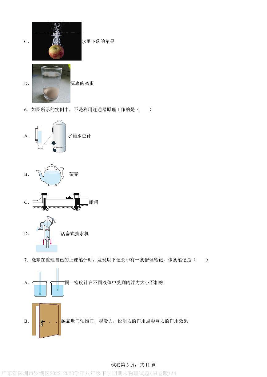 广东省深圳市罗湖区2022-2023学年八年级下学期期末物理试题(原卷版)A4第3页