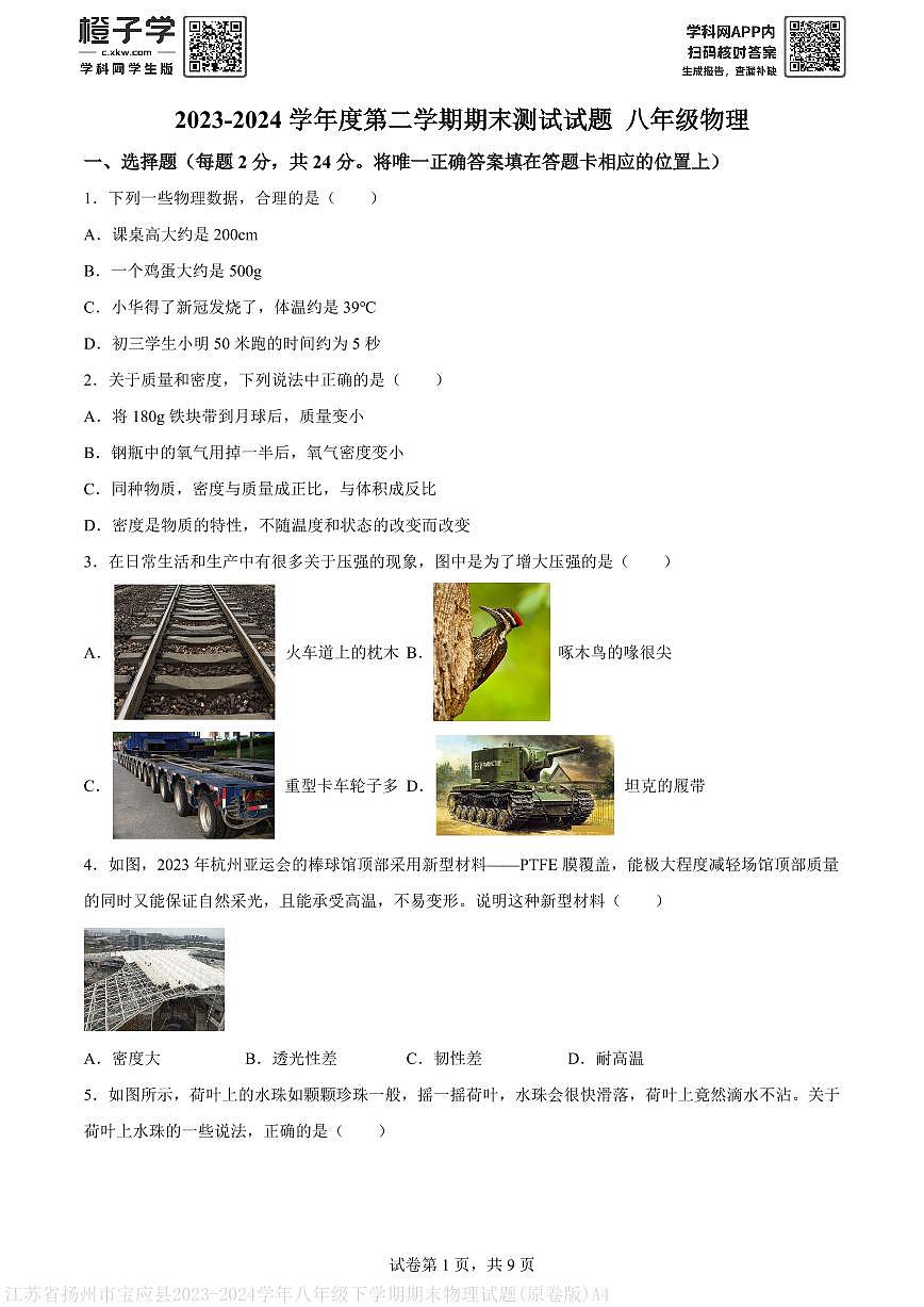 江苏省扬州市宝应县2023-2024学年八年级下学期期末物理试题(原卷版)A4第1页