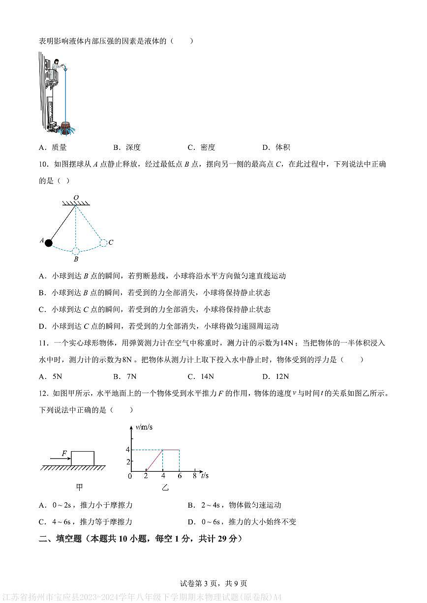 江苏省扬州市宝应县2023-2024学年八年级下学期期末物理试题(原卷版)A4第3页