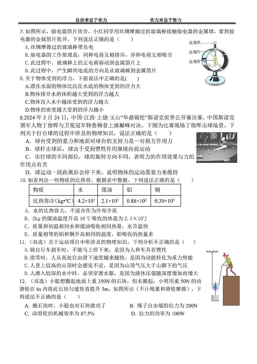 黑龙江省哈尔滨市萧红中学九2024-2025学年九年级上学期物理开学试卷第2页