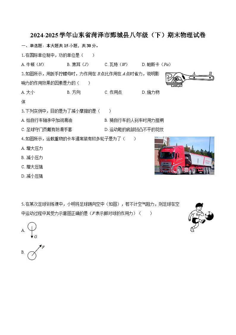 2024-2025学年山东省菏泽市鄄城县八年级（下）期末物理试卷-自定义类型第1页