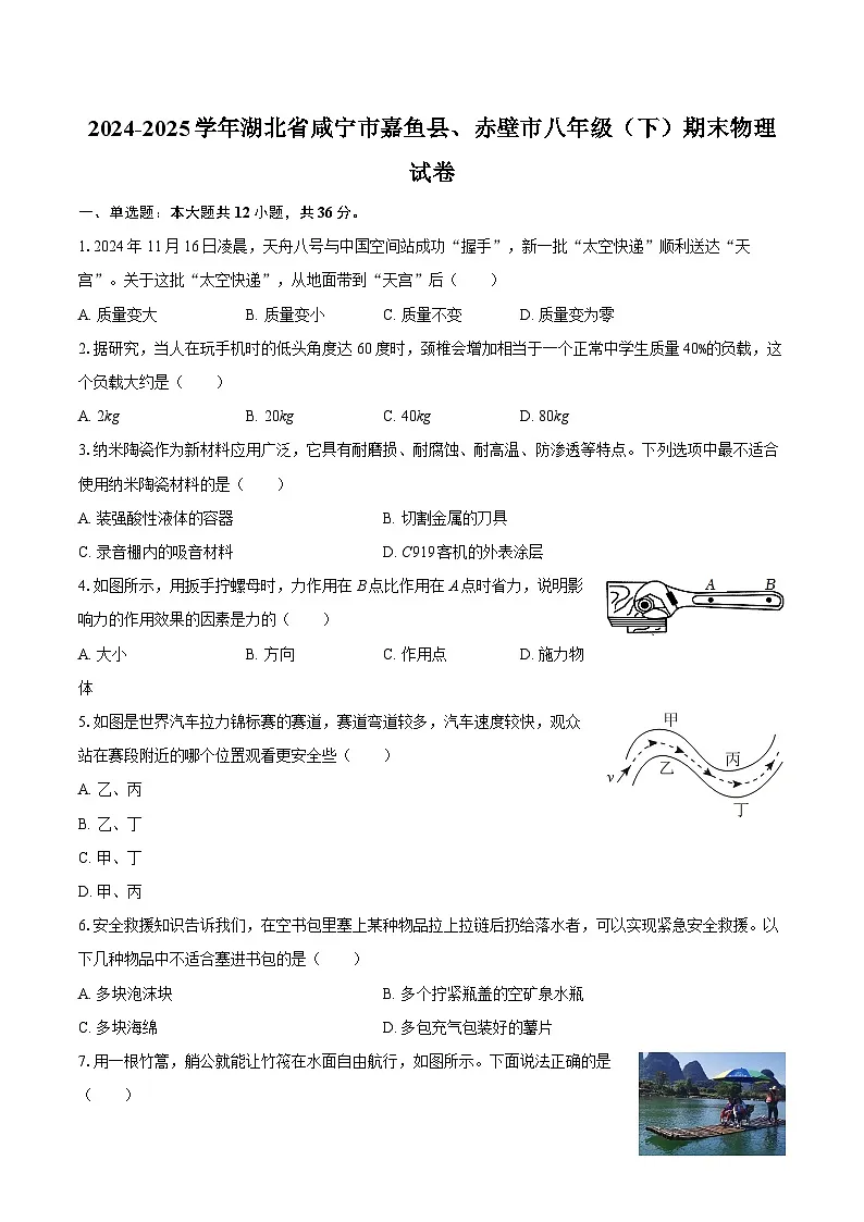 2024-2025学年湖北省咸宁市嘉鱼县、赤壁市八年级（下）期末物理试卷-自定义类型第1页