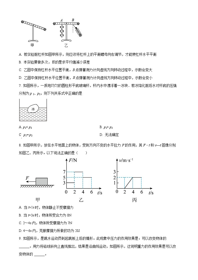 上海市同济大学第二附属中学2024-2025学年八年级下册期末物理试卷（原卷版）-A4第2页