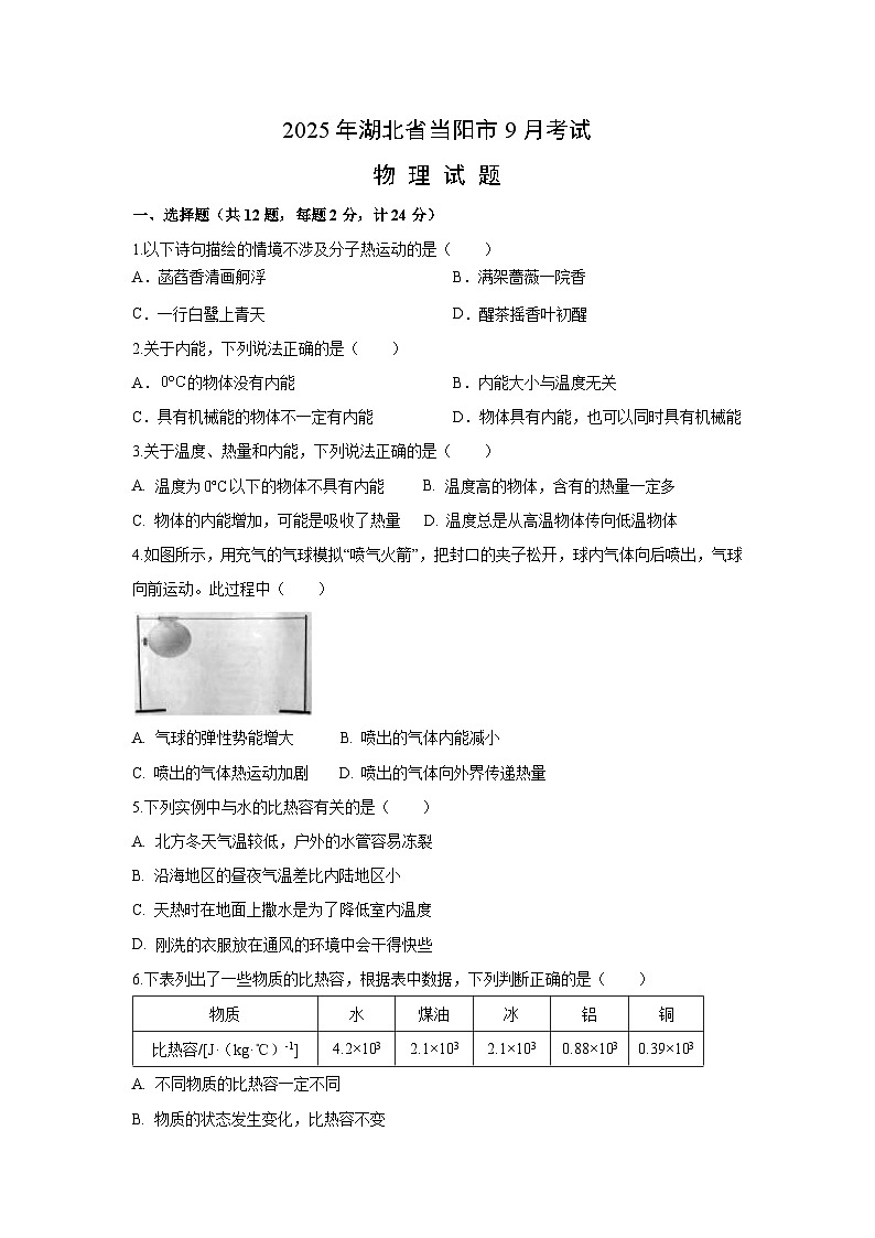 湖北省宜昌市当阳市2025-2026学年九年级上学期9月月考物理试卷第1页