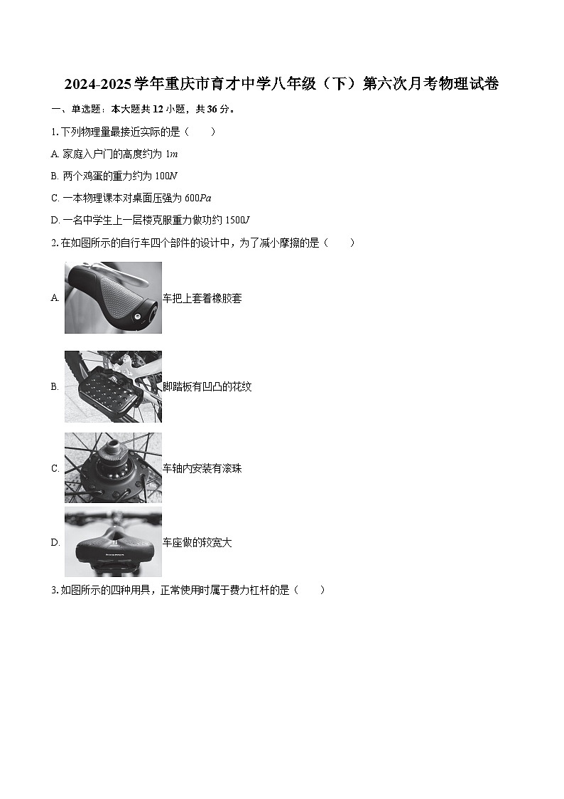 2024-2025学年重庆市育才中学八年级（下）第六次月考物理试卷-自定义类型第1页