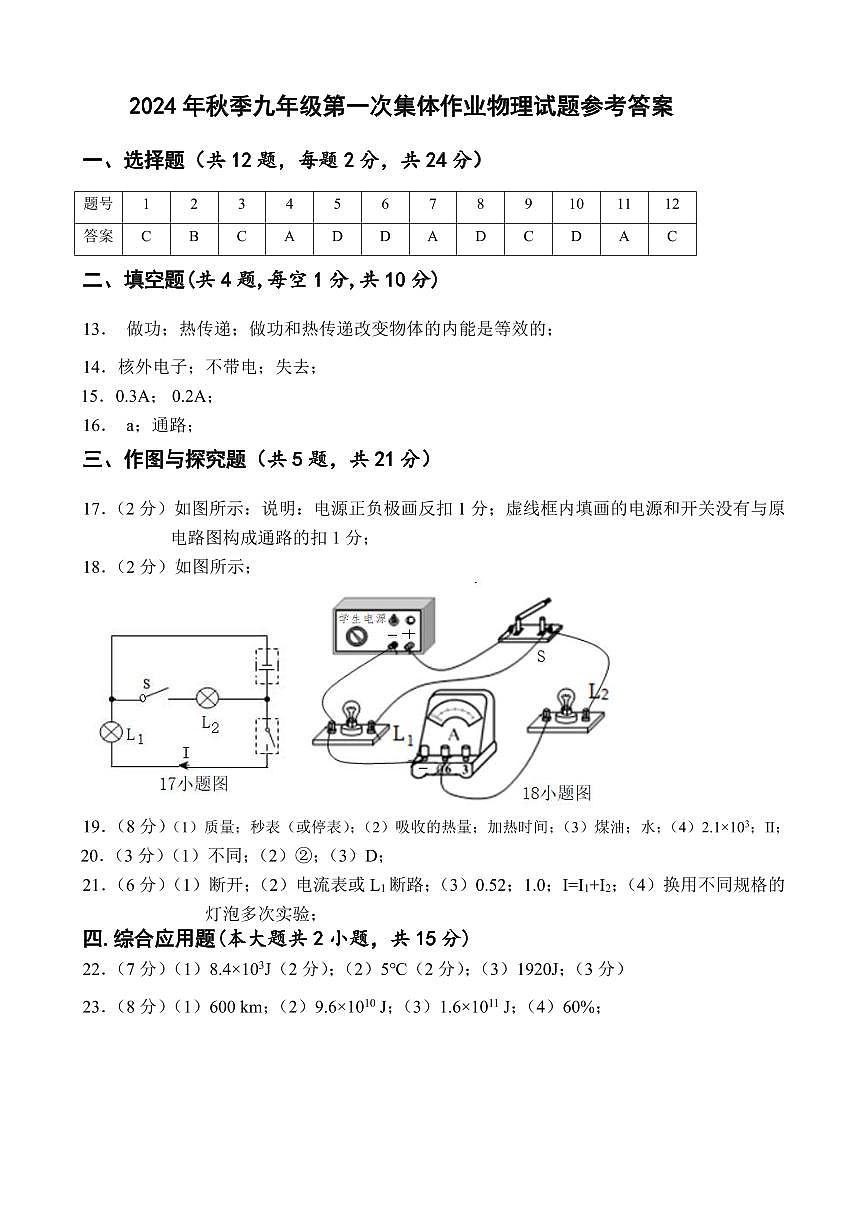 九年级物理答案第1页