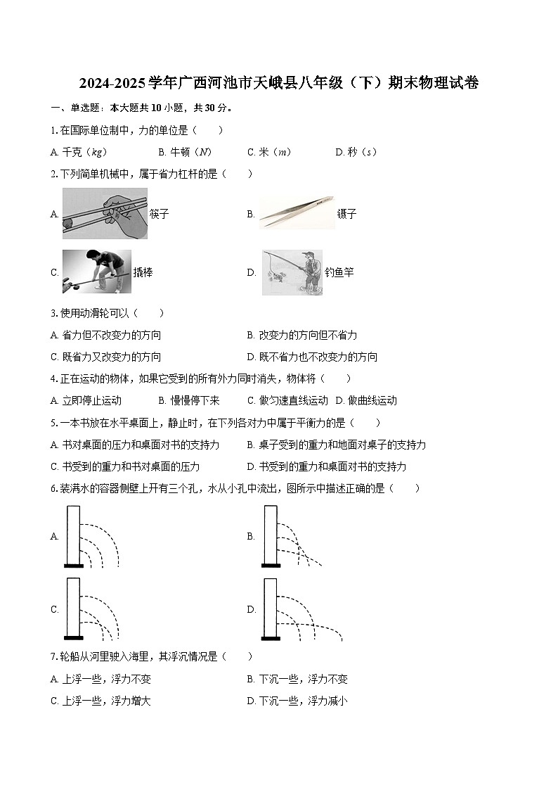 2024-2025学年广西河池市天峨县八年级（下）期末物理试卷-自定义类型第1页