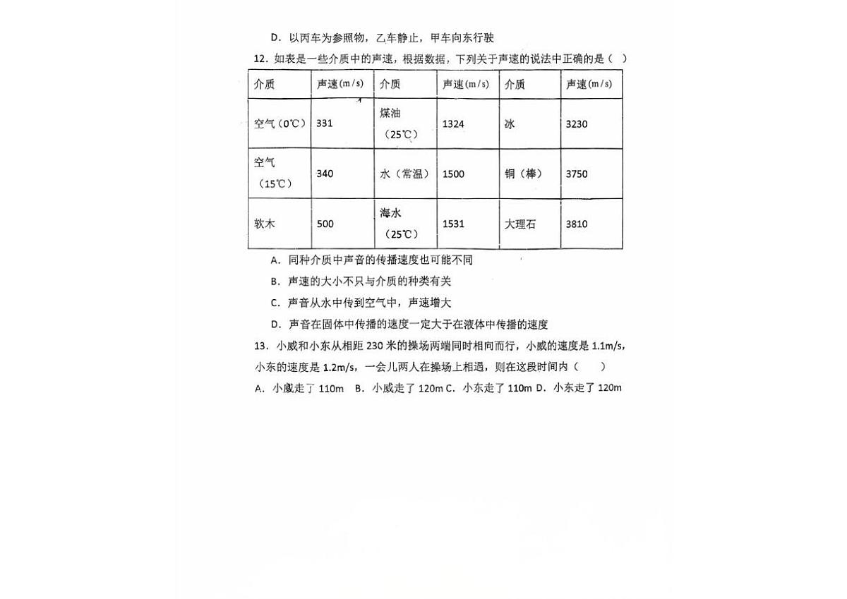 山东省青岛市城阳区青岛培文实验学校2025--2026学年八年级上学期10月月考物理试题第2页