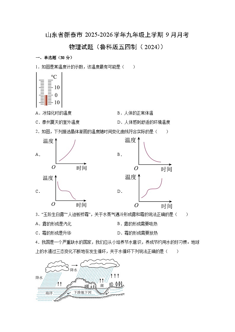 山东省新泰市2025-2026学年九年级上学期9月月考物理试卷（解析版）第1页