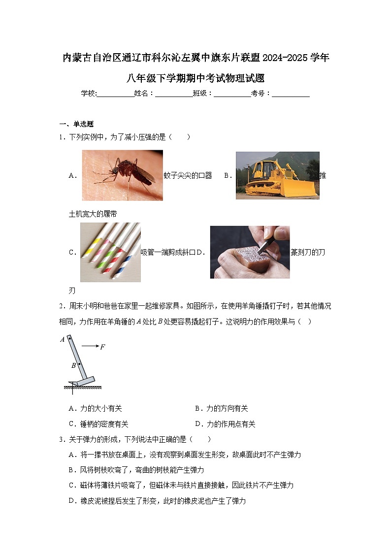 2024-2025学年内蒙古通辽市科尔沁左翼中旗东片联盟八年级下学期期中考试物理试题第1页