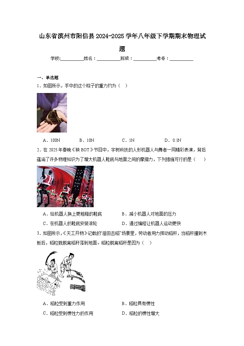 2024-2025学年山东省滨州市阳信县八年级下学期期末物理试题第1页