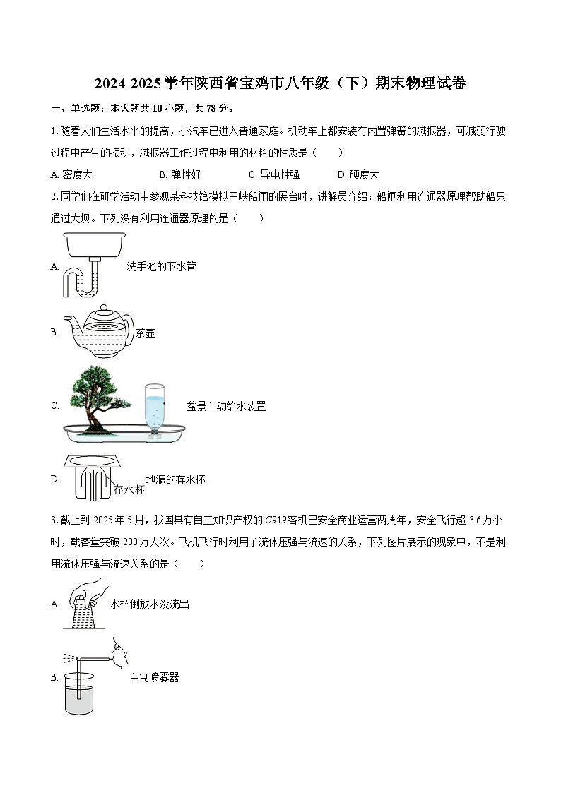 2024-2025学年陕西省宝鸡市八年级（下）期末物理试卷-自定义类型第1页