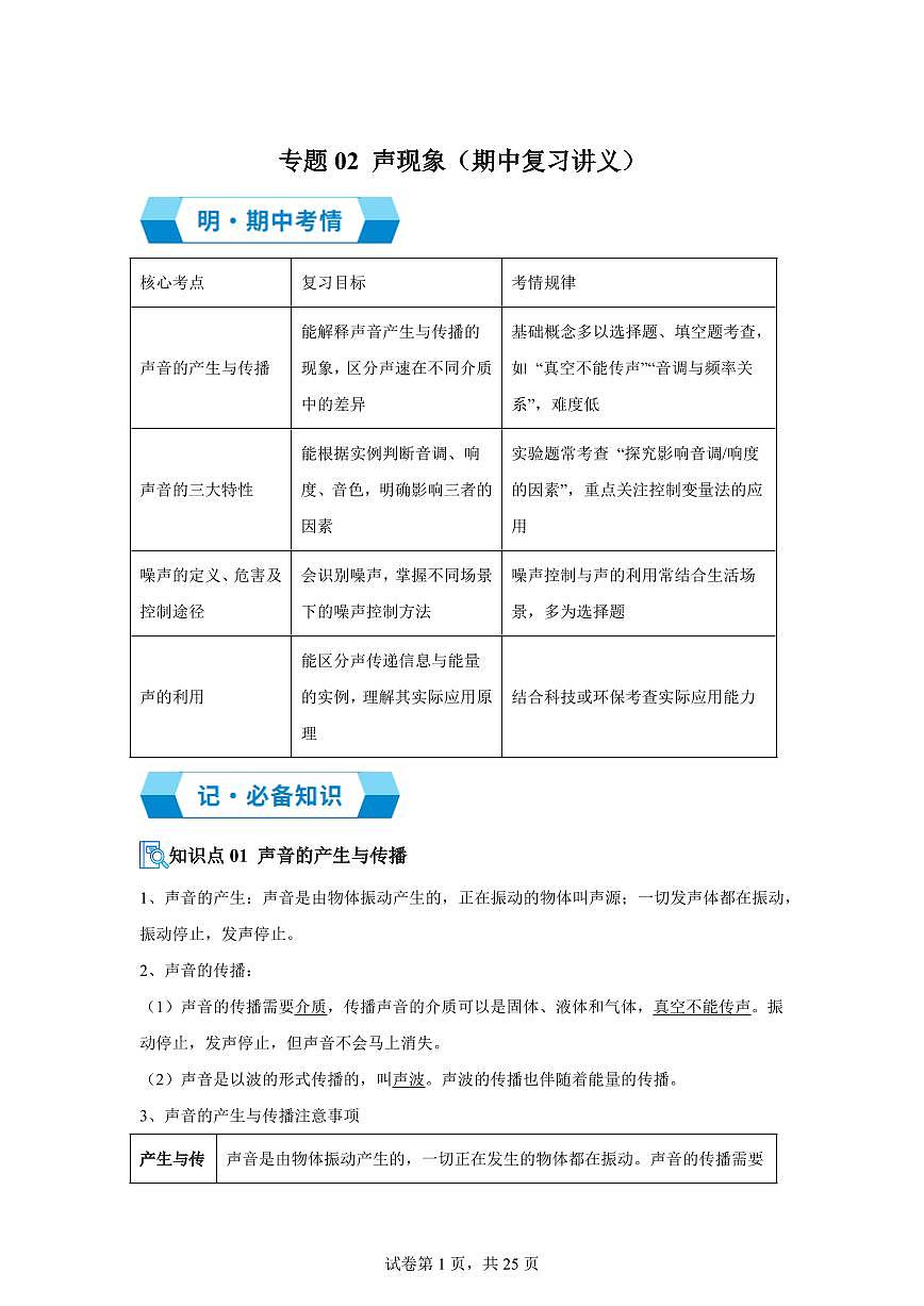 八年级物理上学期新教材鲁科版（五四学制）（期中复习讲义）专题02声现象（附答案）第1页