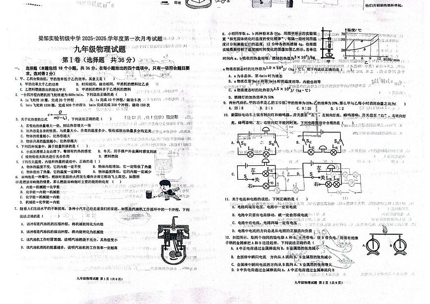 山东省滨州市邹平市实验初级中学2025-2026学年九年级上学期第一次月考物理试题第1页