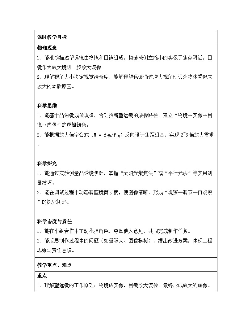 人教版（2024）八年级上册物理第五章 透镜及其应用 第五节 跨学科实践：制作望远镜 教案第2页