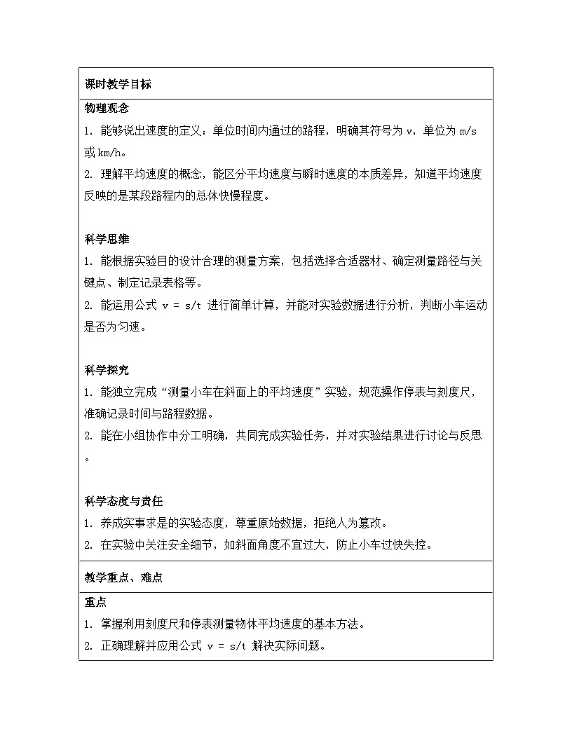 人教版（2024）八年级上册物理第一章 机械运动 第四节 速度的测量 教案【表格式】第2页