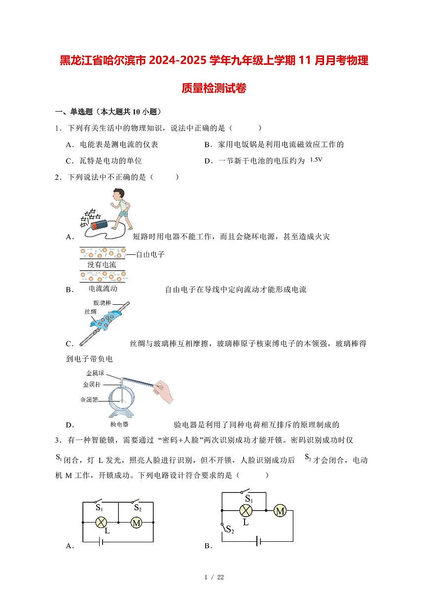 黑龙江省哈尔滨市2024_2025学年度九年级上册（11月）月考物理试卷【答案】第1页