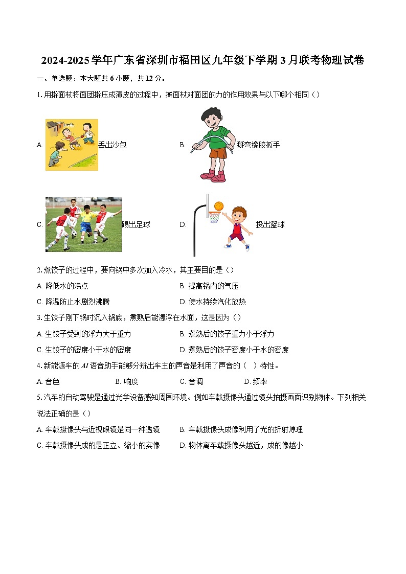 2024-2025学年广东省深圳市福田区九年级下学期3月联考物理试卷-自定义类型第1页