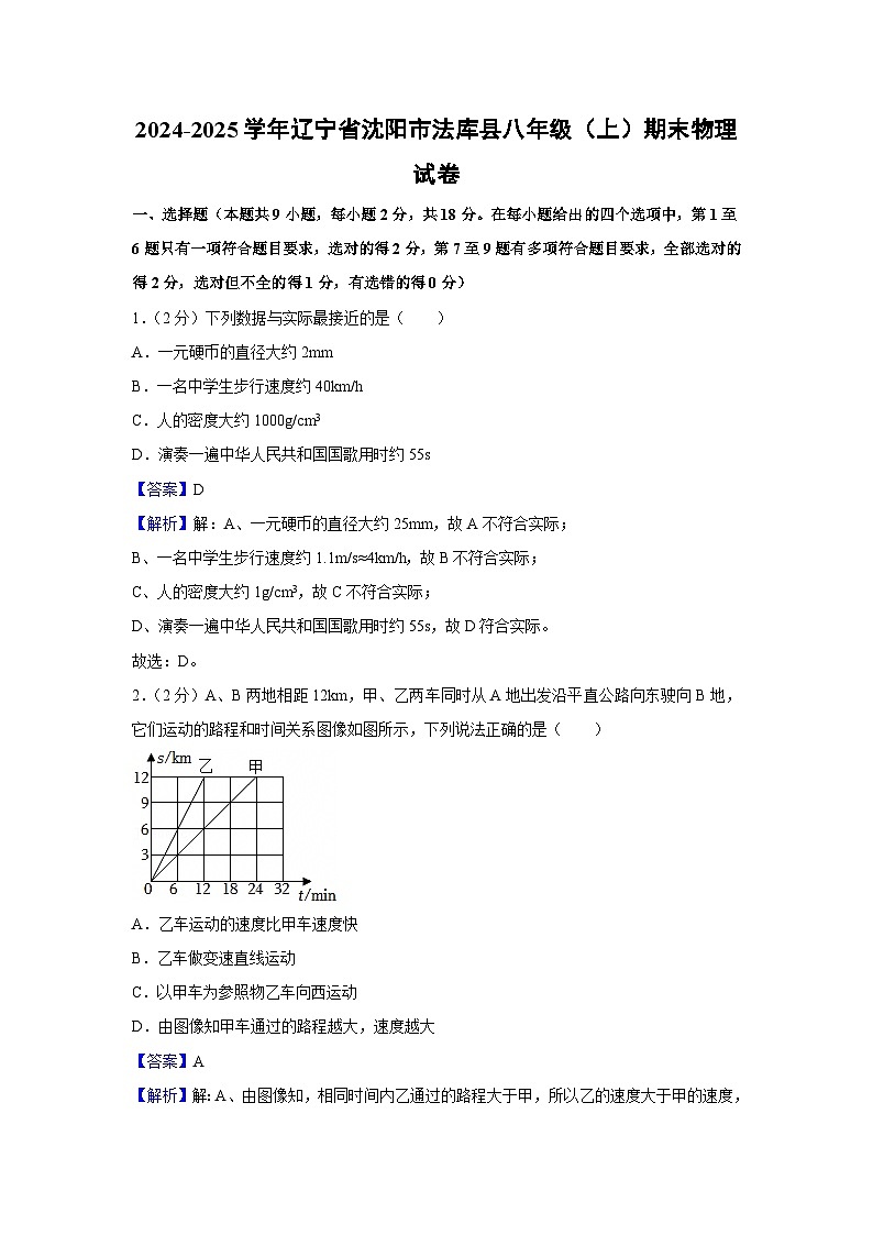 辽宁省沈阳市法库县2024-2025学年八年级上学期期末物理试卷（解析版）第1页