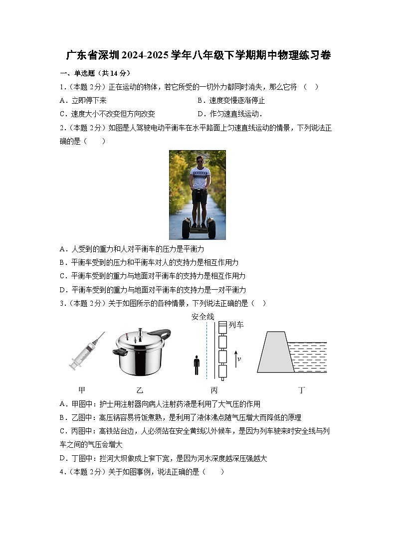 广东省深圳市2024-2025学年八年级下学期期中练习卷物理试卷（解析版）第1页