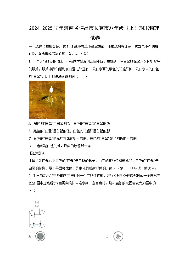 河南省许昌市长葛市2024-2025学年八年级上学期期末考试物理试卷（解析版）第1页