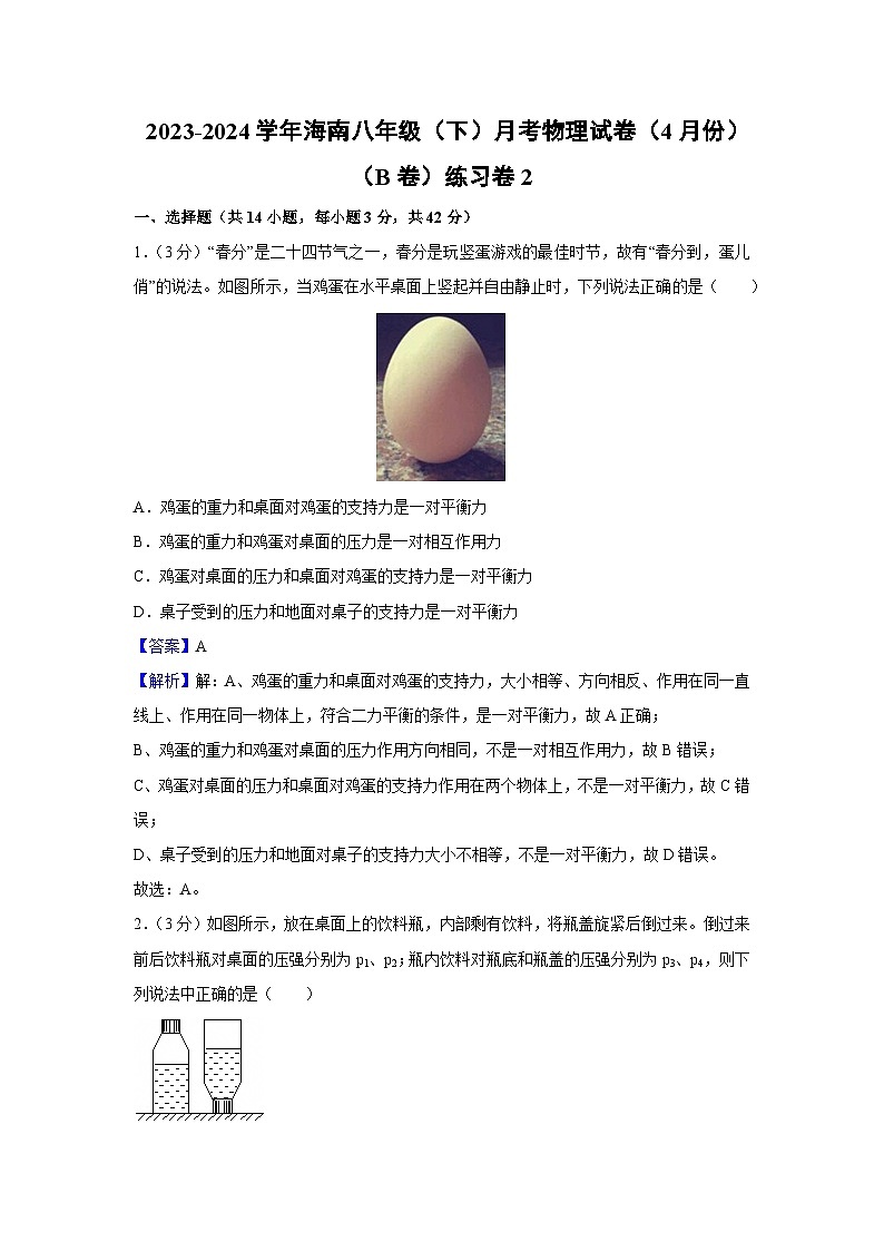 海南省海南2023-2024学年八年级下学期月考（4月份）物理试卷（解析版）第1页