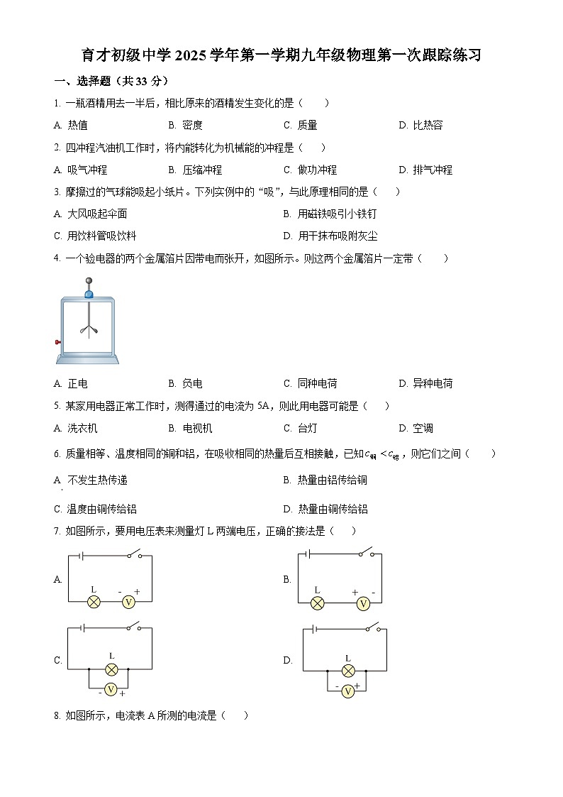 上海市育才初级中学2025-2026学年九年级上学期9月月考物理试题（原卷版）-A4第1页