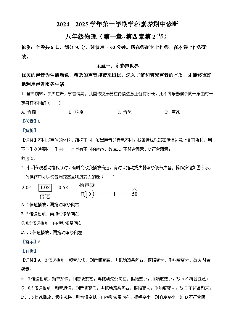 精品解析：广东省深圳市33校2024—2025学年八年级上学期期中学科素养联考物理试题（解析版）第1页