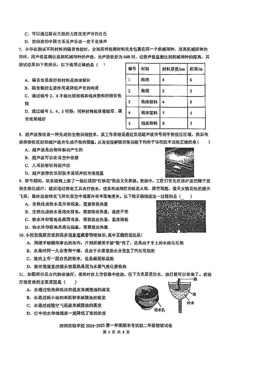 2024-2025学年深圳实验学校八年级上学期期末物理试卷第2页