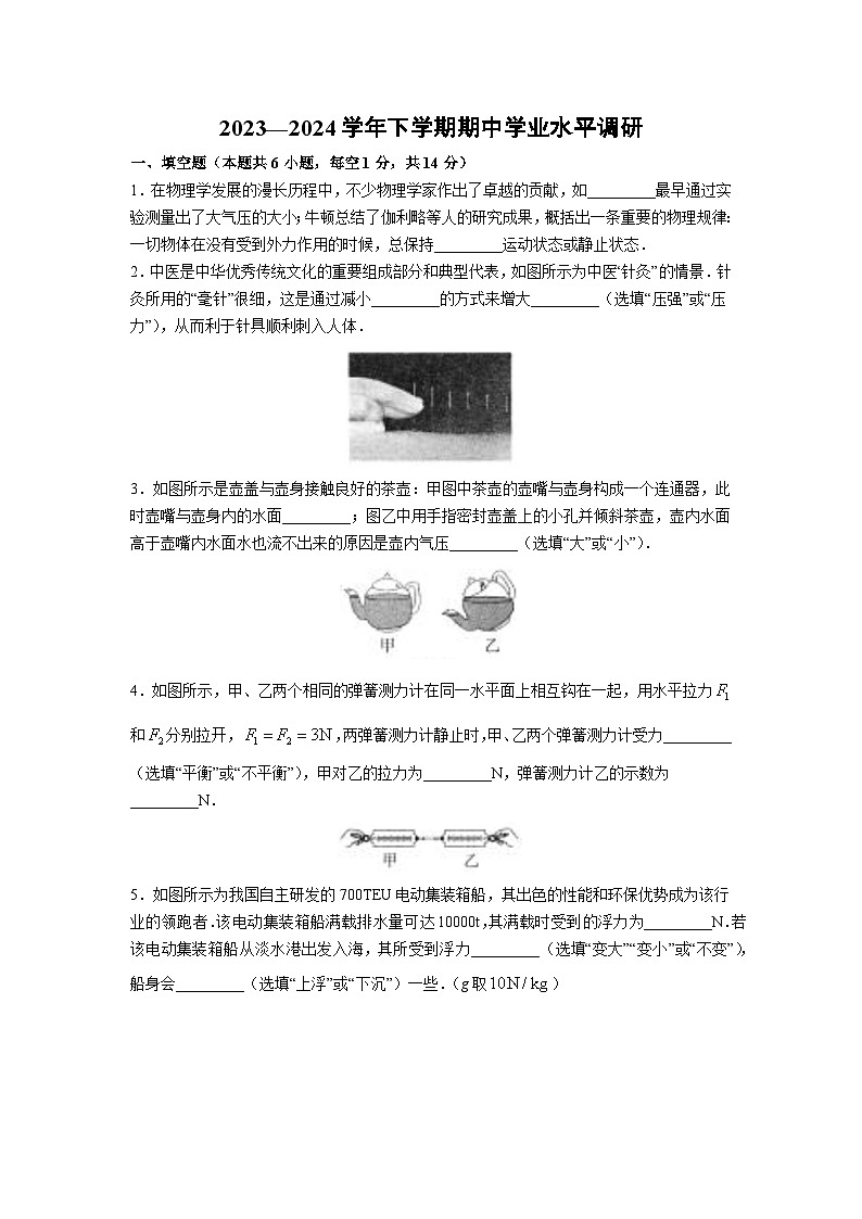 河南省鹤壁市2023-2024学年八年级下学期4月期中物理试卷第1页