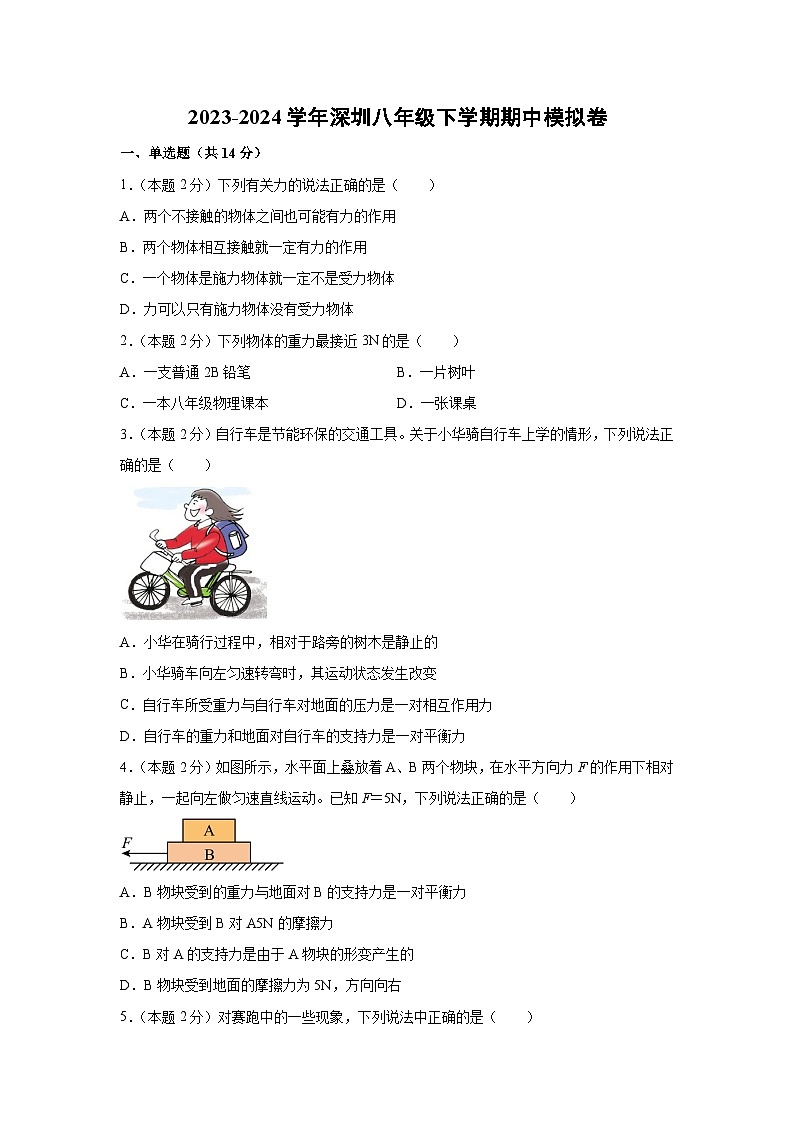 广东省深圳2023-2024学年八年级下学期期中模拟卷物理试卷第1页