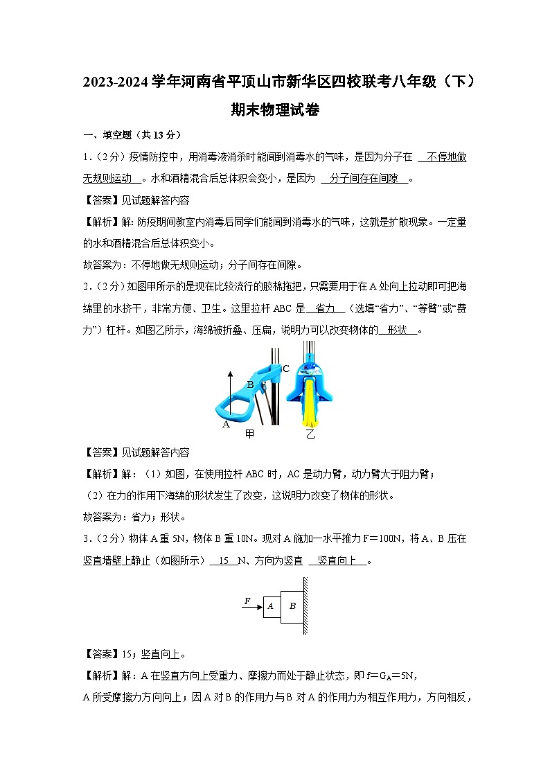 河南省平顶山市新华区四校联考2023-2024学年八年级下学期期末物理物理试卷第1页