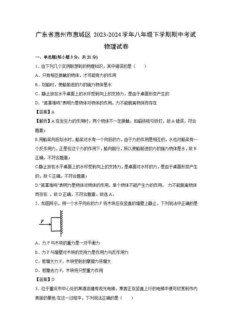 广东省惠州市惠城区2023-2024学年八年级下学期期中考试物理试卷第1页