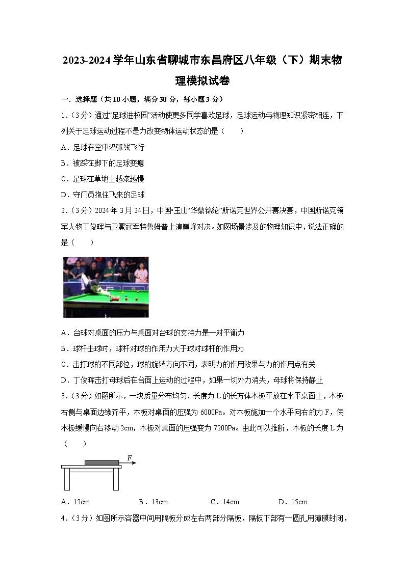 山东省聊城市东昌府区2023-2024学年八年级下学期期末模拟物理试卷第1页