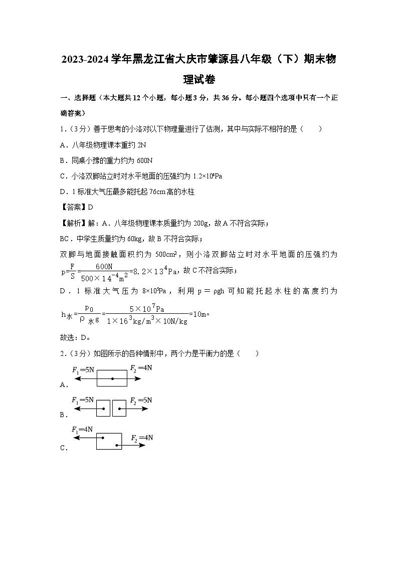黑龙江省大庆市肇源县2023-2024学年八年级下学期期末物理物理试卷第1页